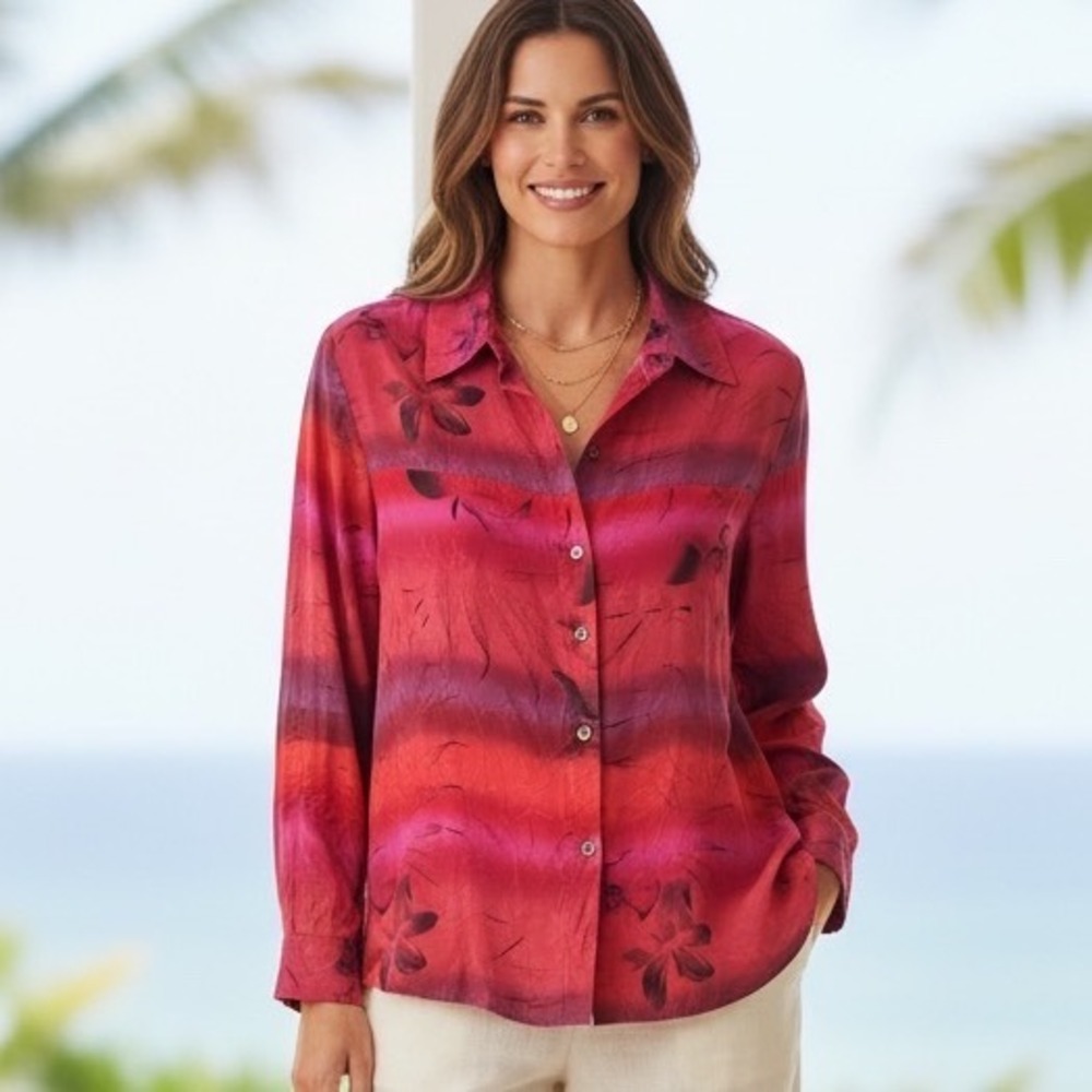 Chicos Design 100% Silk Floral Ombre‎ Button Down Shirt Red Purple Size 3 Large